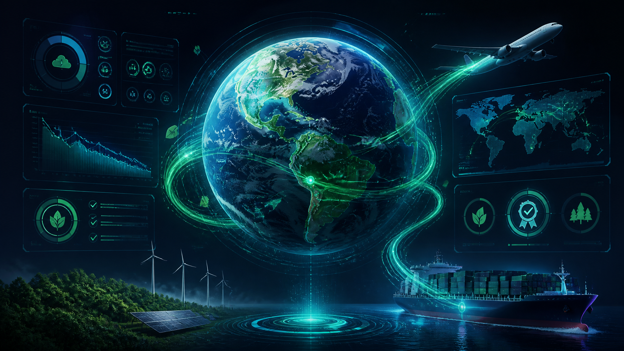 Holographic Earth tracking carbon emissions across shipping and flight routes with verified offset credits
